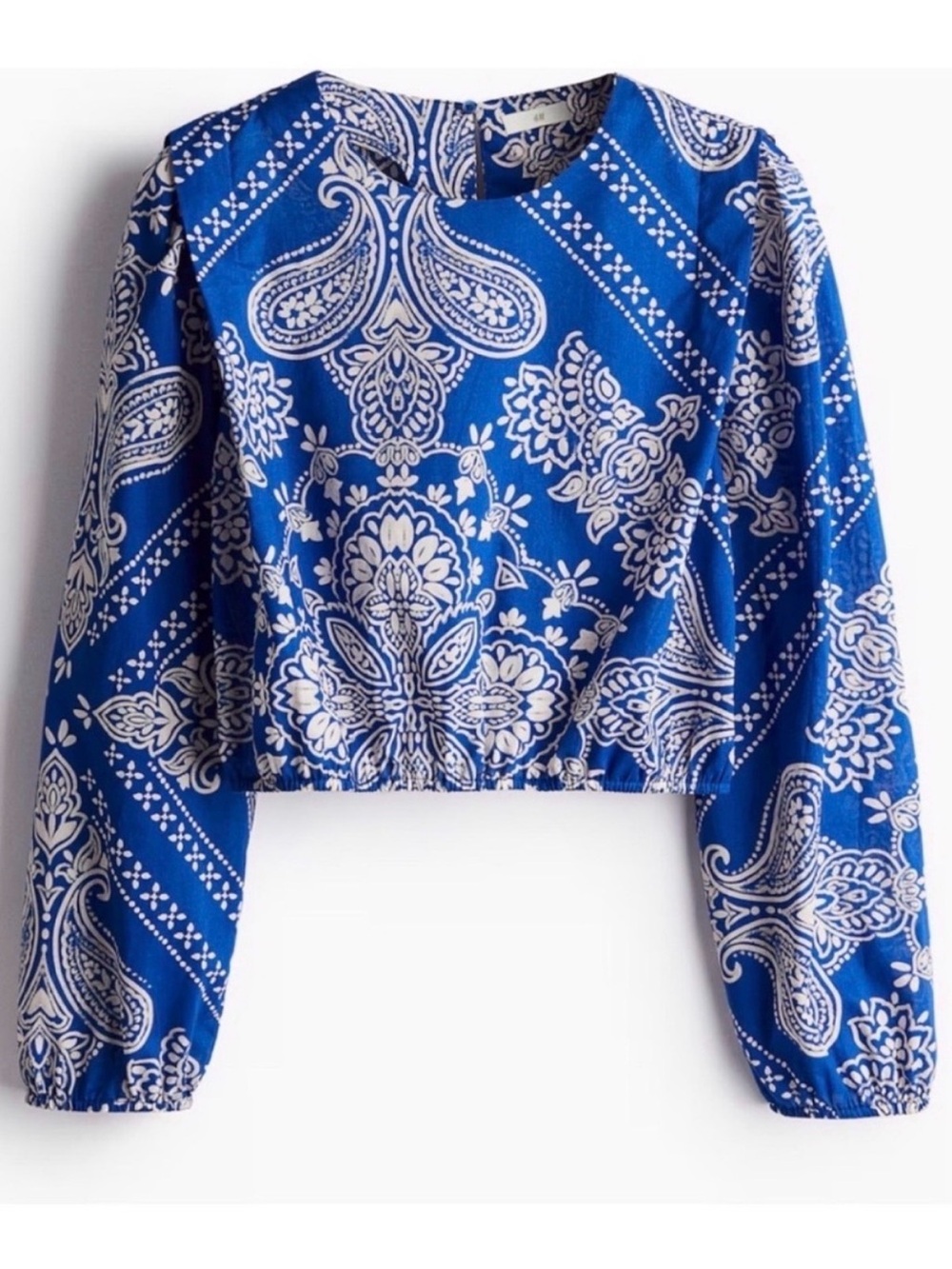 H&M Blue and White Paisley Cropped Long-Sleeve Top